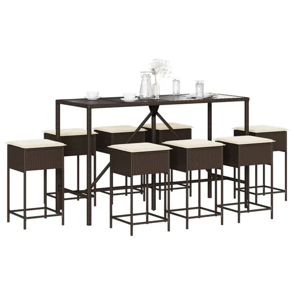 Ensemble de bar de jardin 9 pcs avec coussins marron poly rotin