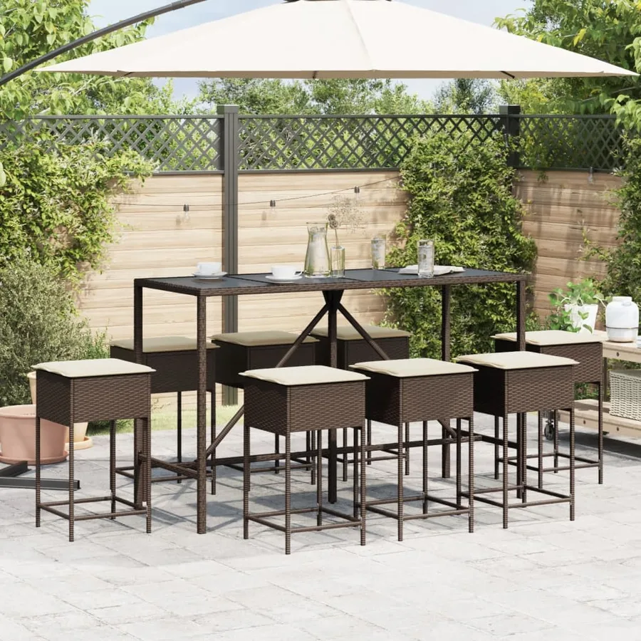Ensemble de bar de jardin 9 pcs avec coussins marron poly rotin - 3