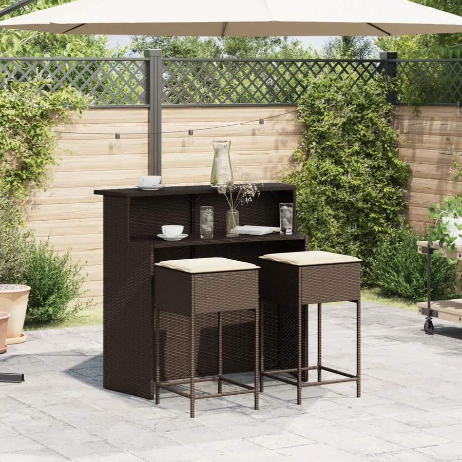 Ensemble de bar de jardin 3 pcs et coussins brun résine tressée - 3