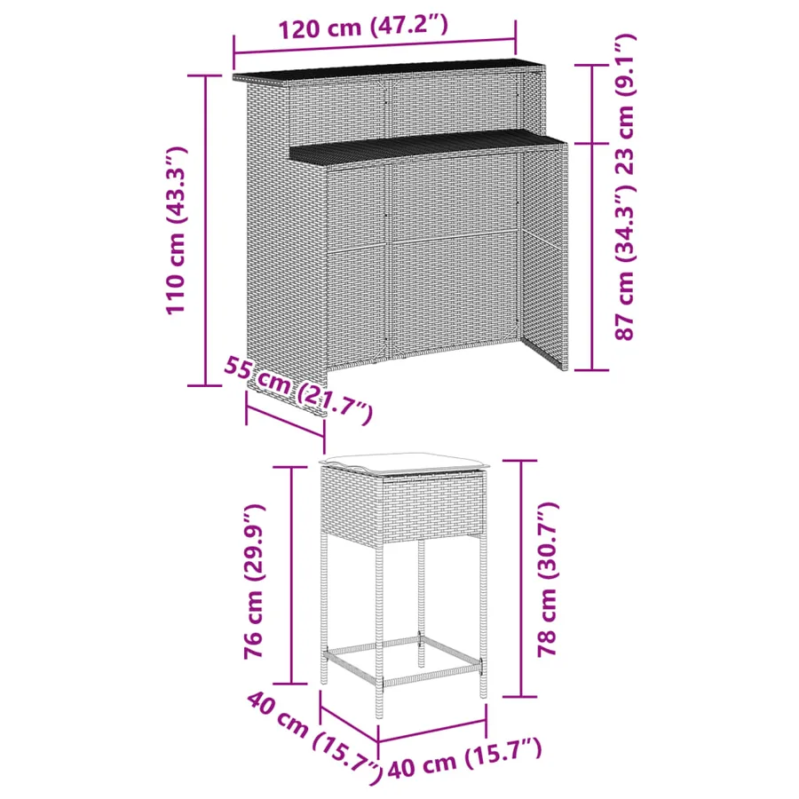 Ensemble de bar de jardin 3 pcs et coussins brun résine tressée - 8