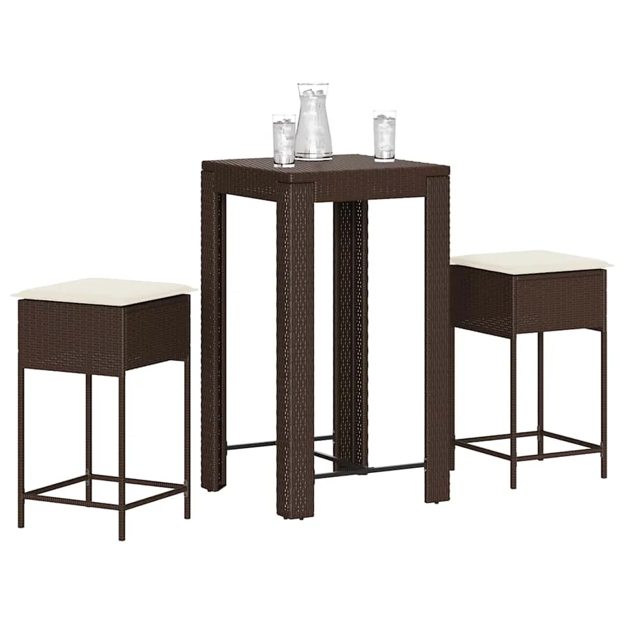 Ensemble de bar de jardin 3 pcs et coussins brun résine tressée