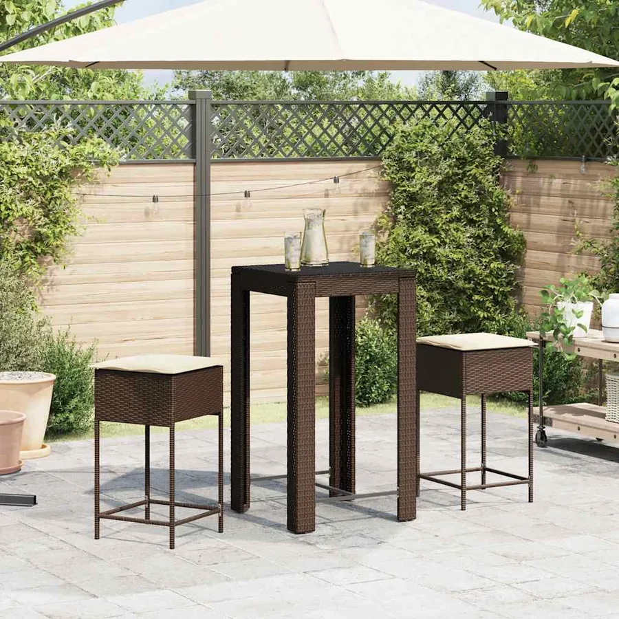 Ensemble de bar de jardin 3 pcs et coussins brun résine tressée - 3