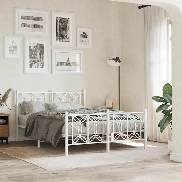 Cadre de lit métal sans matelas et pied de lit blanc 135x190 cm