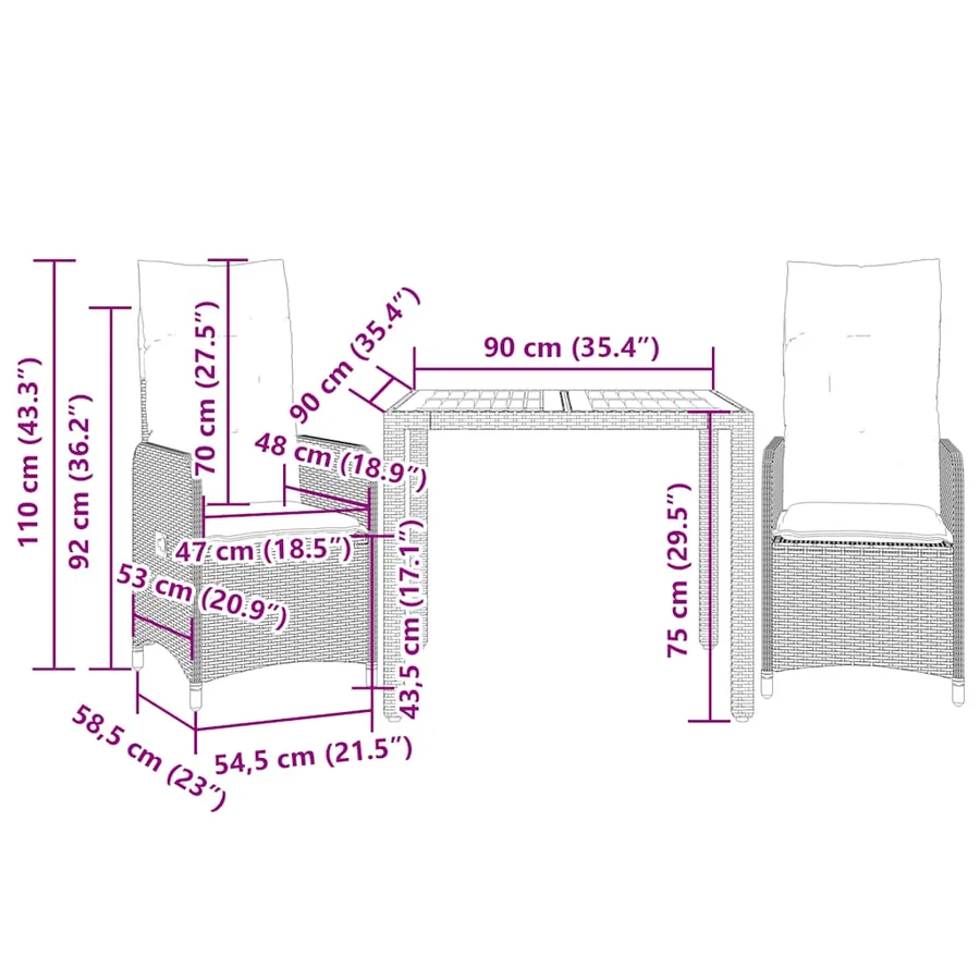 Ensemble de bistro de jardin 3 pcs coussins gris poly rotin - 8
