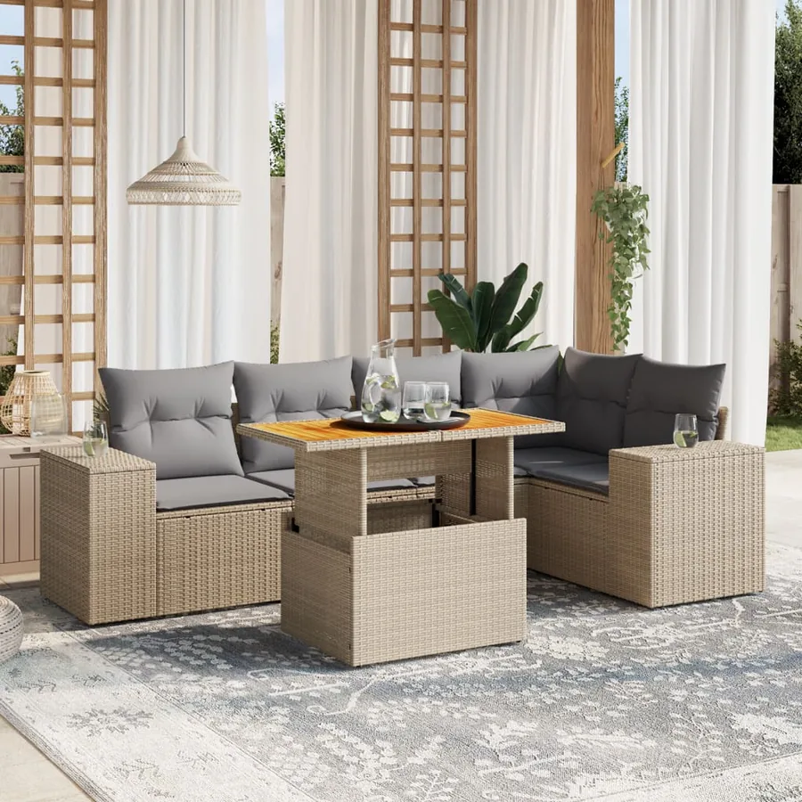 Salon de jardin avec coussins 6 pcs beige résine tressée