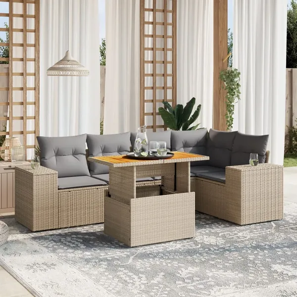 Salon de jardin avec coussins 6 pcs beige résine tressée