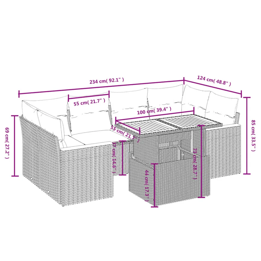 Salon de jardin avec coussins 7 pcs beige résine tressée - 3