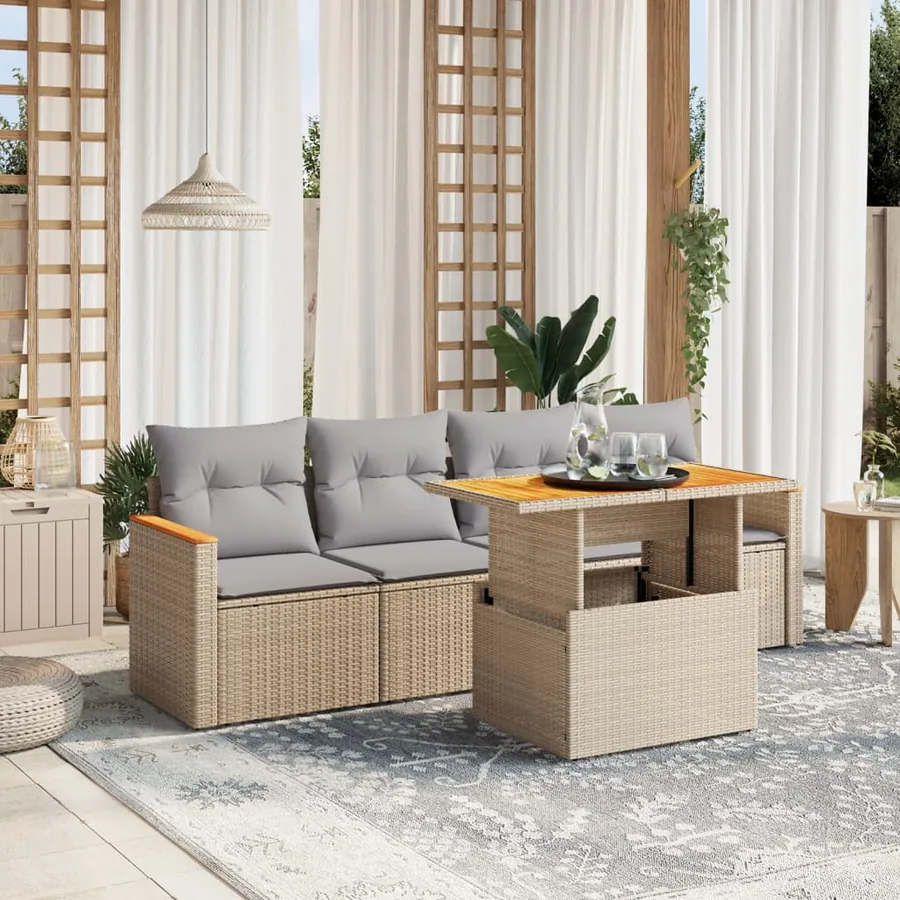 Salon de jardin avec coussins 5 pcs beige résine tressée