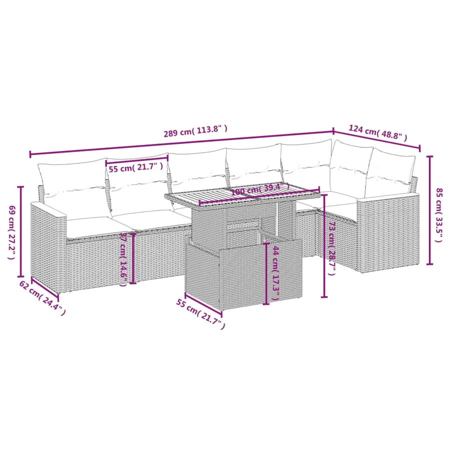 Salon de jardin avec coussins 7 pcs beige résine tressée - 3