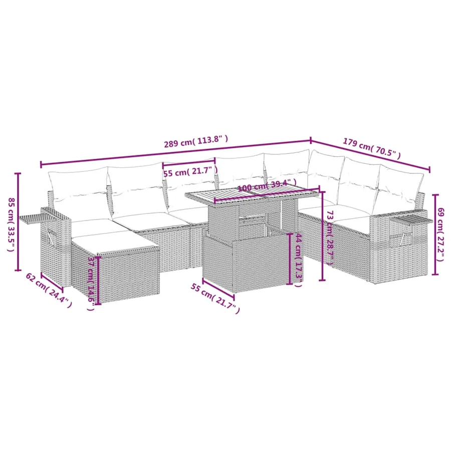 Salon de jardin avec coussins 9 pcs beige résine tressée - 4