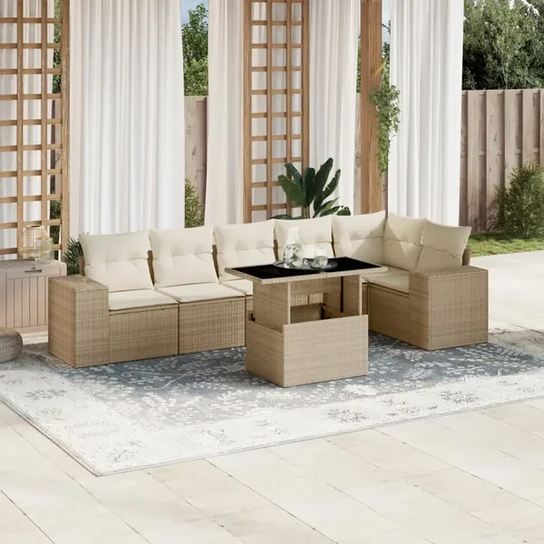 Salon de jardin avec coussins 7 pcs beige résine tressée