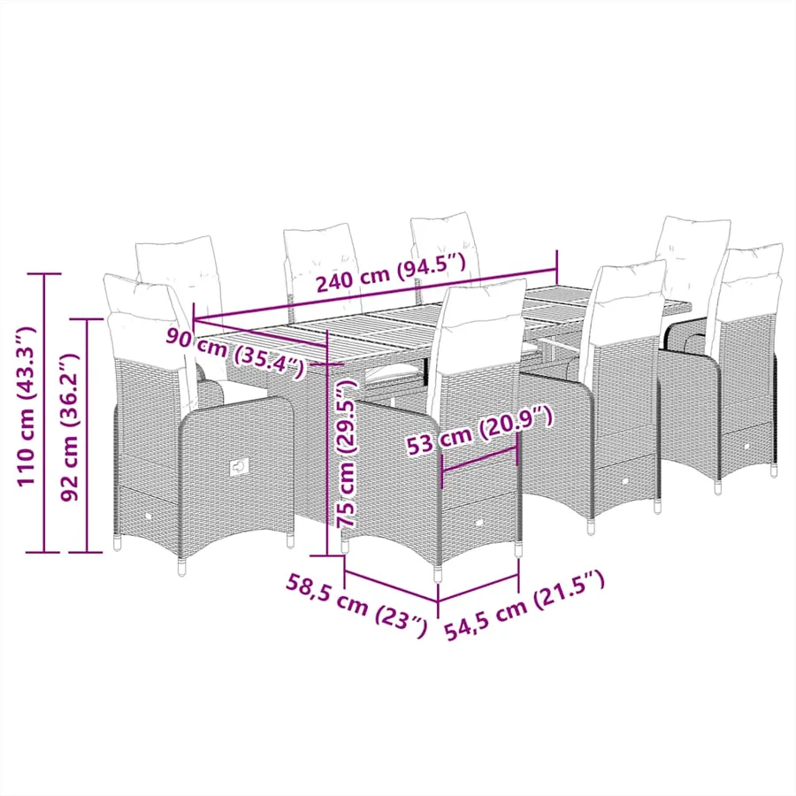Ensemble de bistro de jardin 9 pcs coussins noir poly rotin - 7