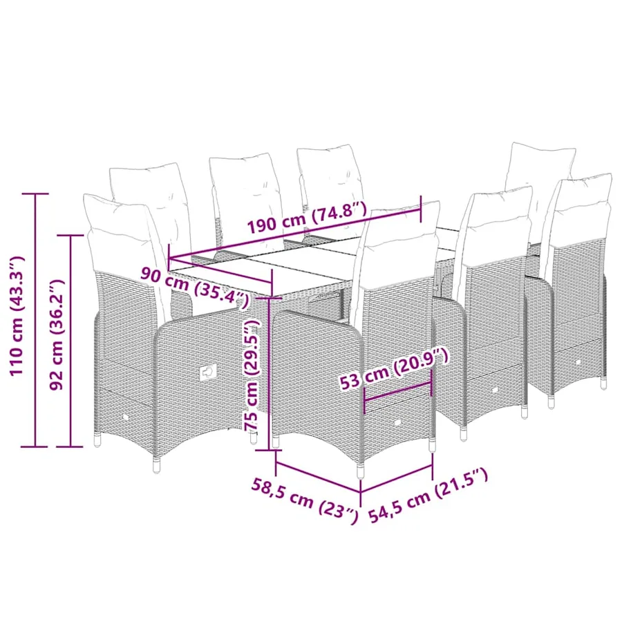 Ensemble de bistro de jardin 9 pcs coussins noir poly rotin - 10