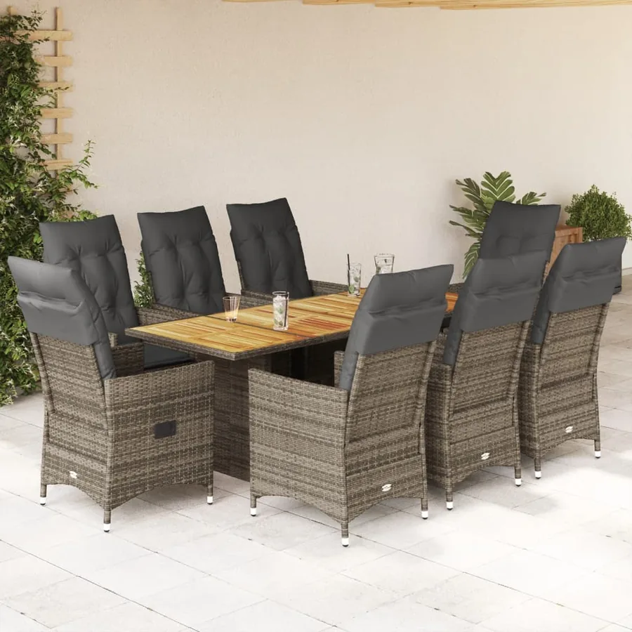 Ensemble à manger de jardin 9 pcs coussins gris résine tressée