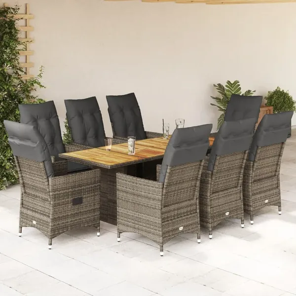 Ensemble à manger de jardin 9 pcs coussins gris résine tressée