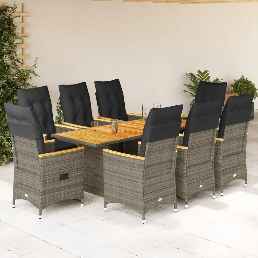 Ensemble à manger de jardin 9 pcs coussins gris résine tressée