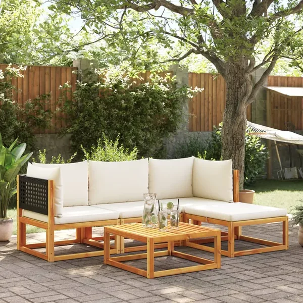 Ensemble de canapés de jardin 5 pièces avec coussins en bois d'acacia et rotin
