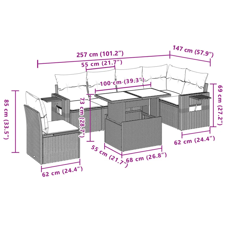Salon de jardin avec coussins 7 pcs marron résine tressée - 11