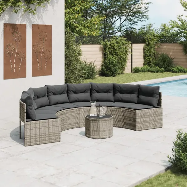 Canapé de jardin table coussins demi-rond gris résine tressée