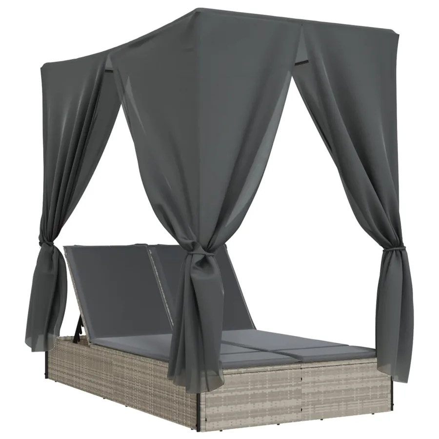 Chaise longue double avec toit et rideaux gris clair poly rotin - 2