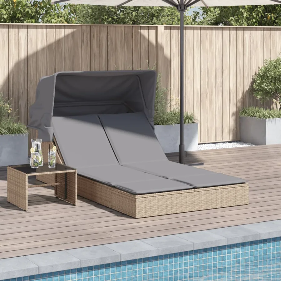 Chaise longue double avec auvent et coussins beige poly rotin - 10