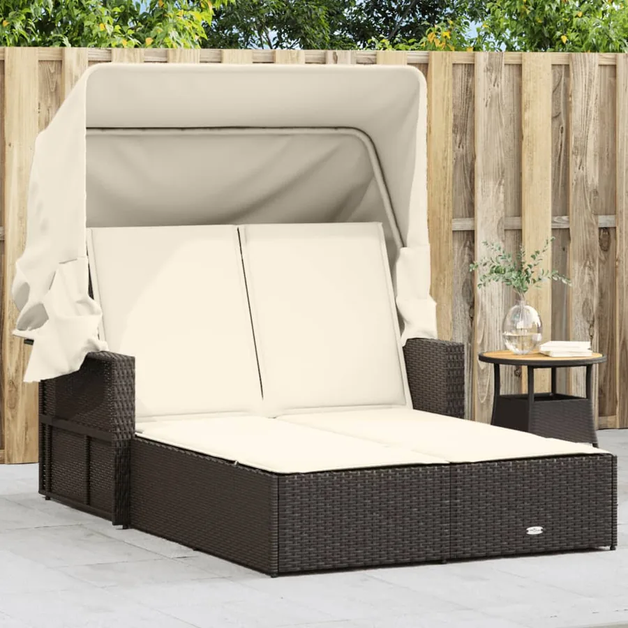 Chaise longue double avec auvent et coussins beige poly rotin - 19