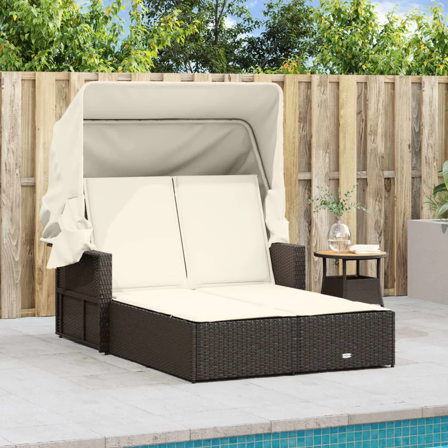 Chaise longue double avec auvent et coussins beige poly rotin - 21