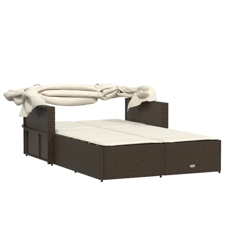 Chaise longue double avec auvent et coussins beige poly rotin - 25