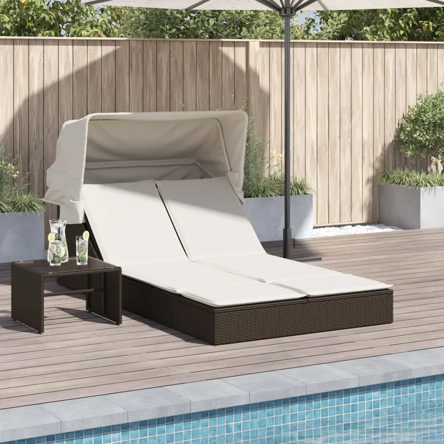Chaise longue double avec auvent et coussins beige poly rotin - 32