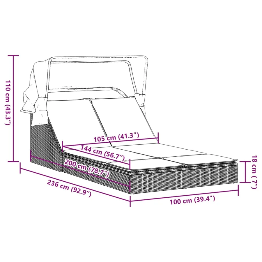 Chaise longue double avec auvent et coussins beige poly rotin - 39