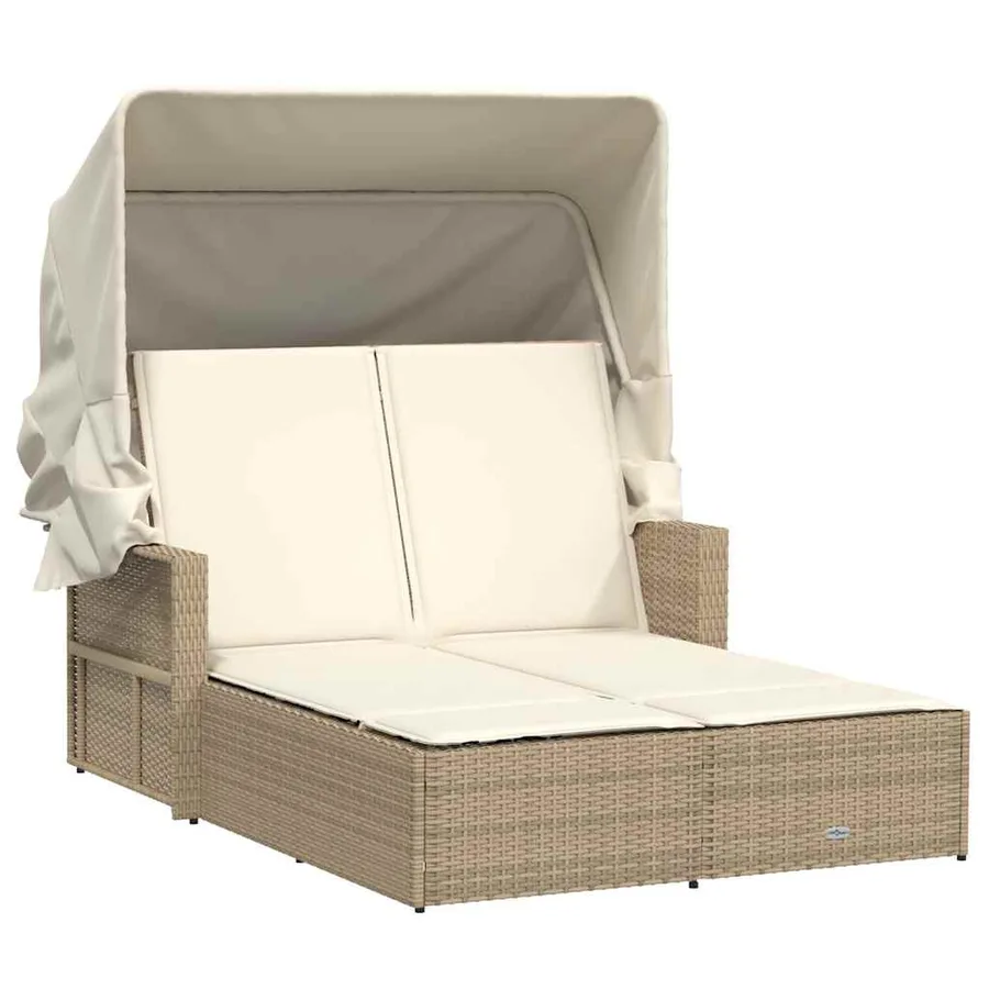 Chaise longue double avec auvent et coussins beige poly rotin - 42