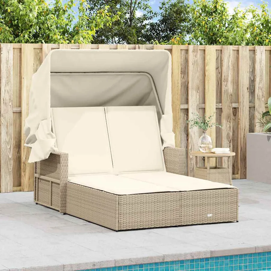 Chaise longue double avec auvent et coussins beige poly rotin - 43