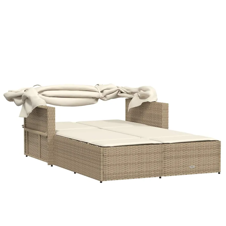 Chaise longue double avec auvent et coussins beige poly rotin - 47