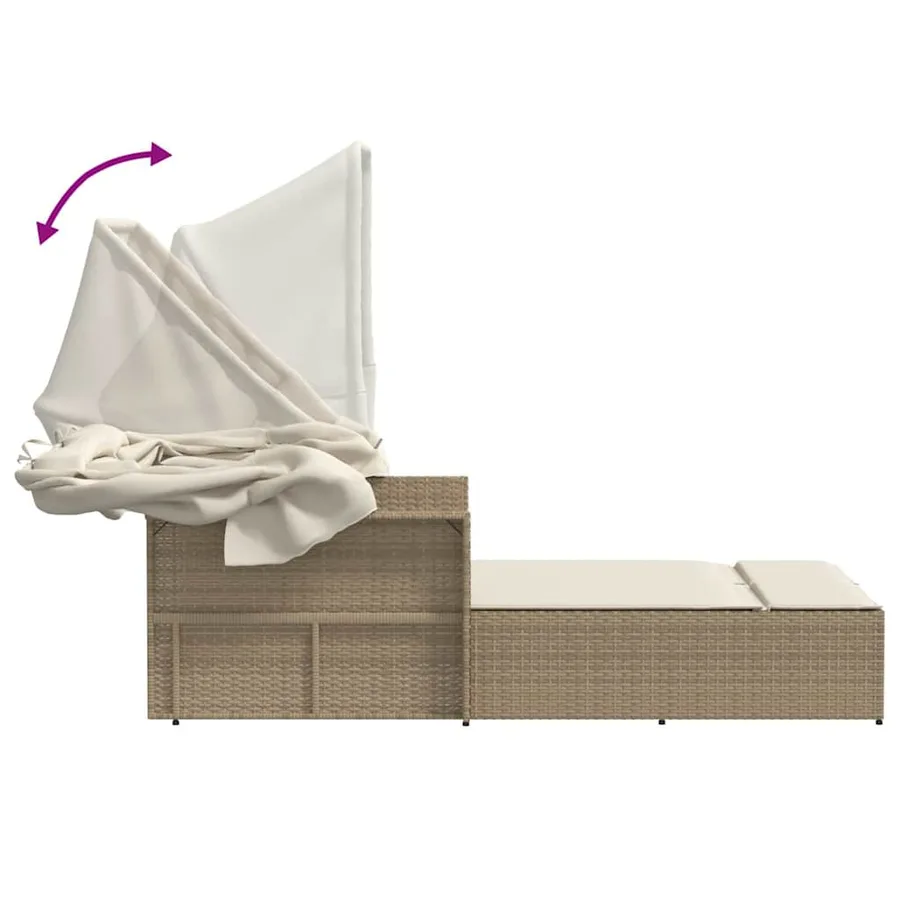 Chaise longue double avec auvent et coussins beige poly rotin - 49