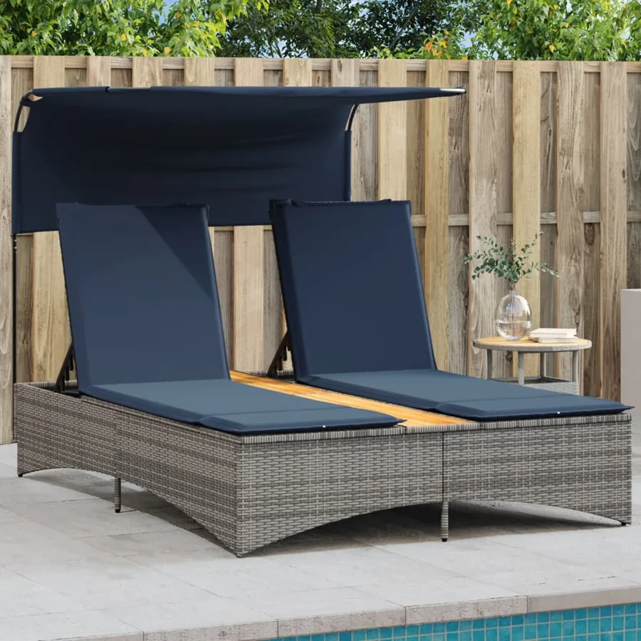 Chaise longue double avec auvent et coussins beige poly rotin - 54