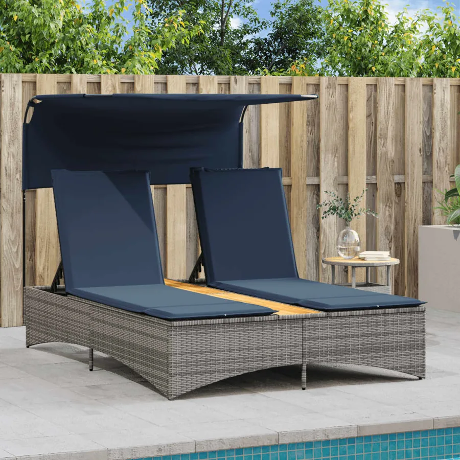 Chaise longue double avec auvent et coussins beige poly rotin - 56