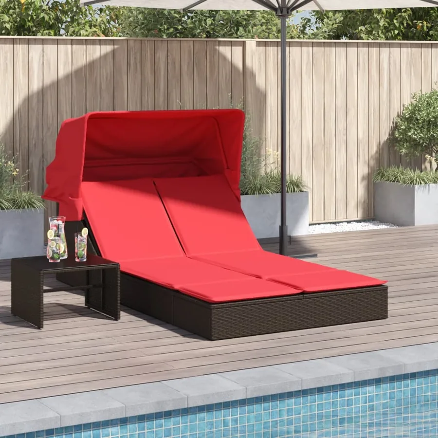 Chaise longue double avec auvent et coussins beige poly rotin - 65