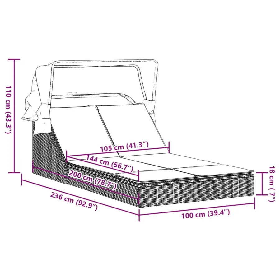 Chaise longue double avec auvent et coussins beige poly rotin - 72