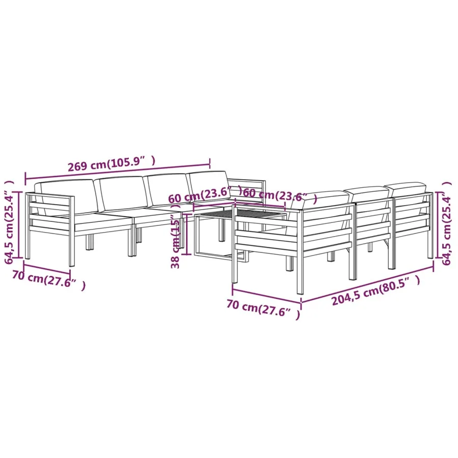 Salon de jardin 8 pcs avec coussins Aluminium Anthracite - 9