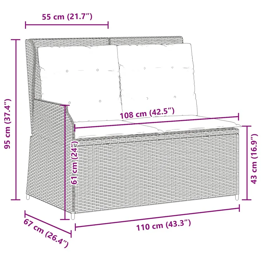 Banc inclinable de jardin avec coussins marron résine tressée - 9