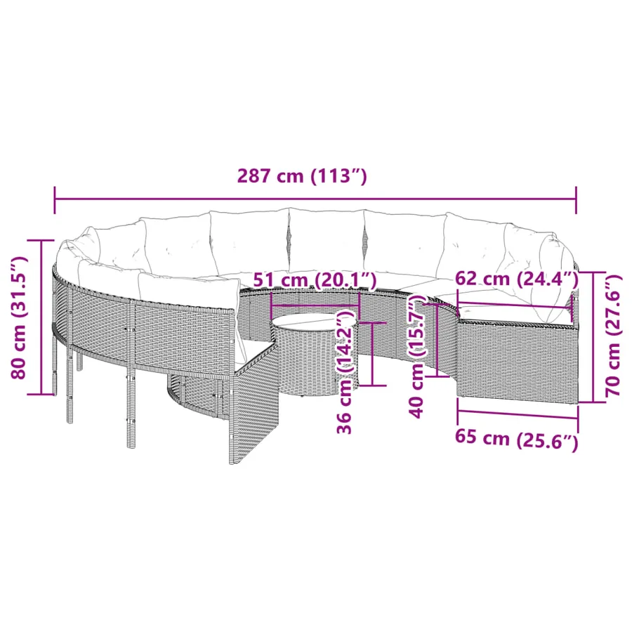 Canapé de jardin avec table coussins rond beige résine tressée - 12