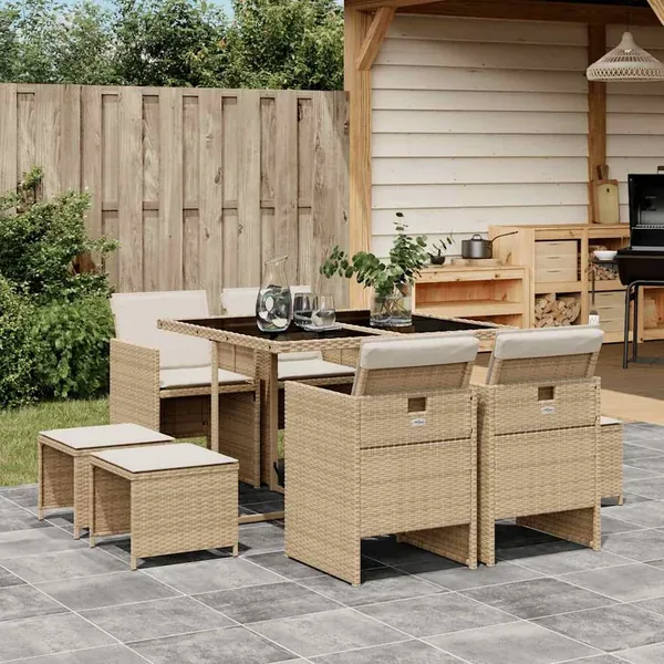 Ensemble à manger de jardin et coussins 9 pcs beige Poly rotin