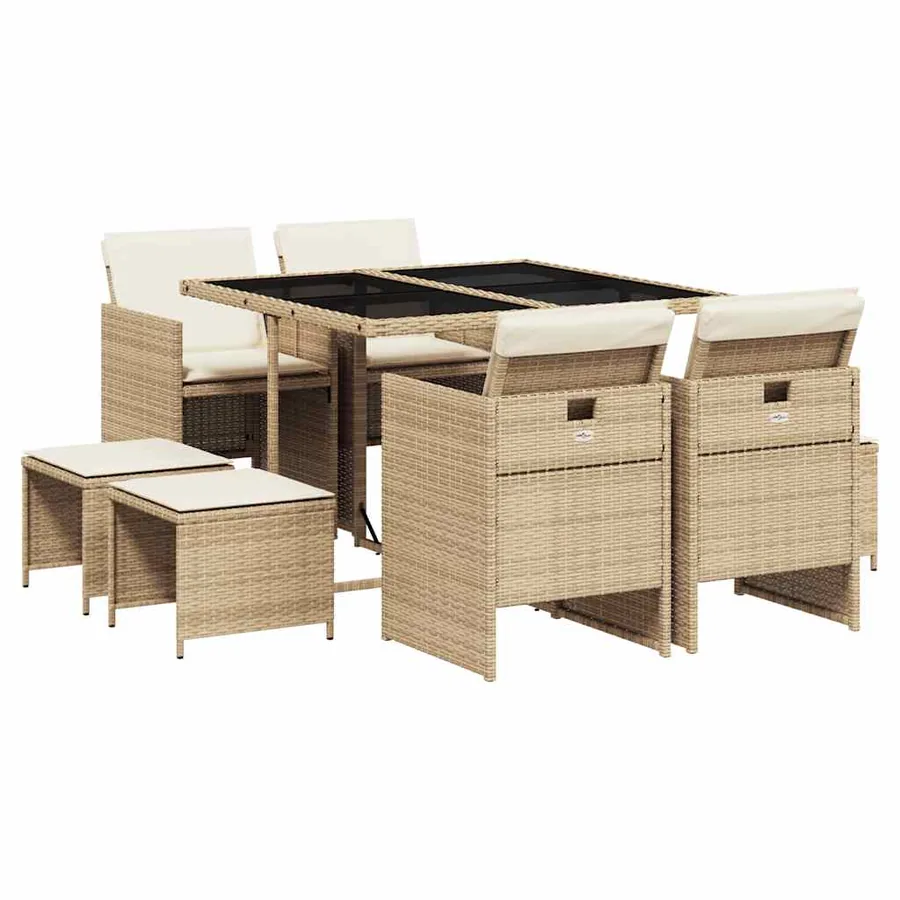 Ensemble à manger de jardin et coussins 9 pcs beige Poly rotin - 2