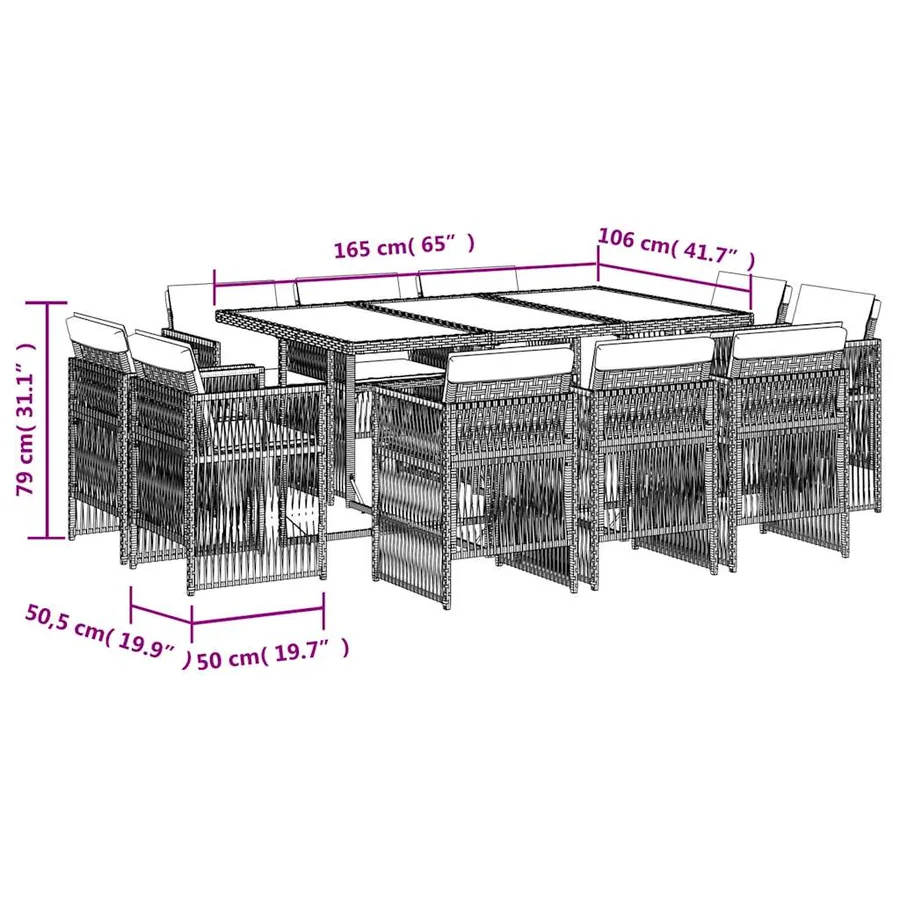 Ensemble à manger de jardin 11pcs avec coussins gris poly rotin - 8