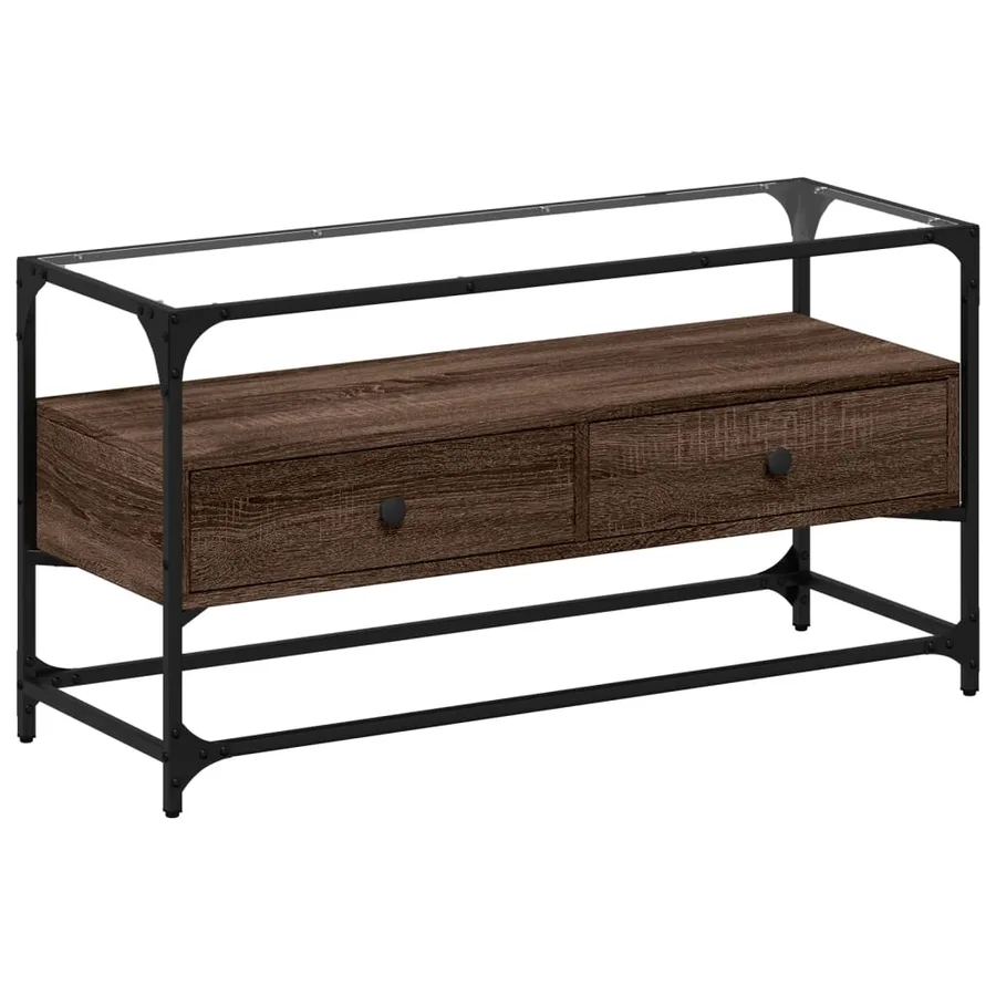 Meuble TV avec dessus en verre chêne marron bois d'ingénierie - 2