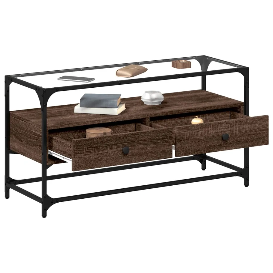 Meuble TV avec dessus en verre chêne marron bois d'ingénierie - 3