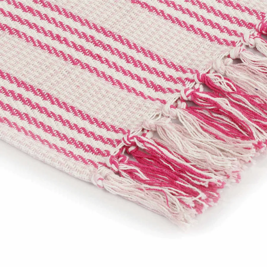 Couverture coton à rayures 220x250 cm Rose et Blanc - 4