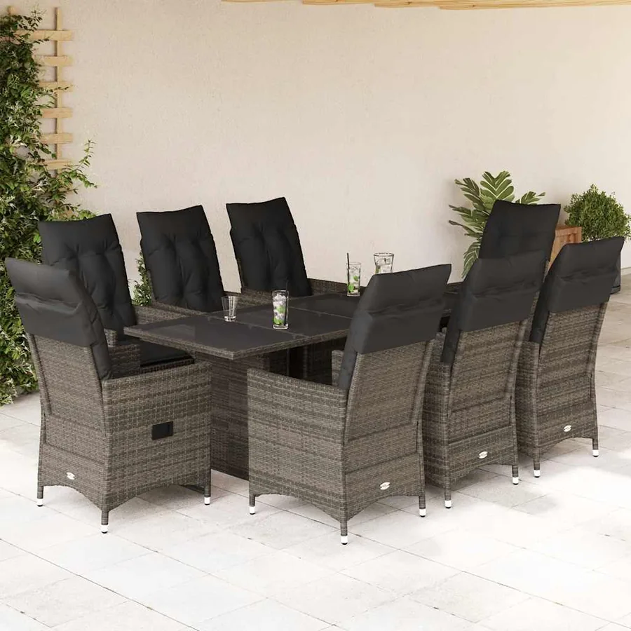 Ensemble à manger de jardin 9 pcs coussins gris résine tressée