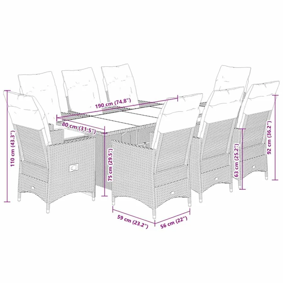 Ensemble à manger de jardin 9 pcs coussins gris résine tressée - 9