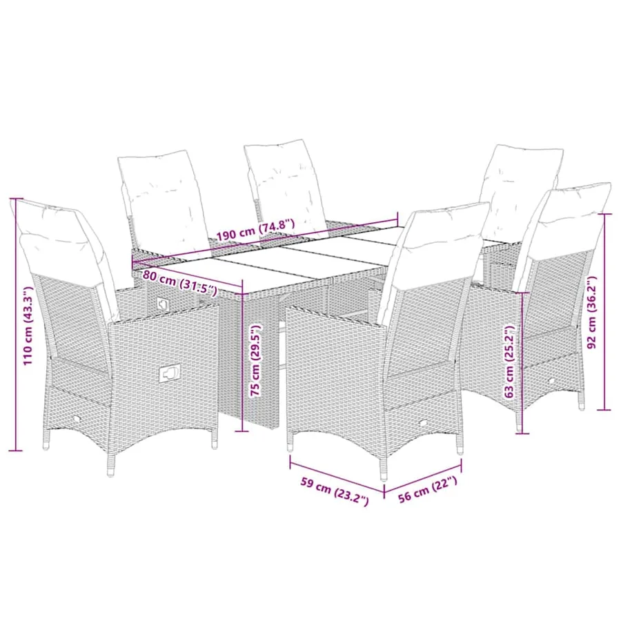Ensemble à manger de jardin et coussins 7 pcs gris rotin - 7
